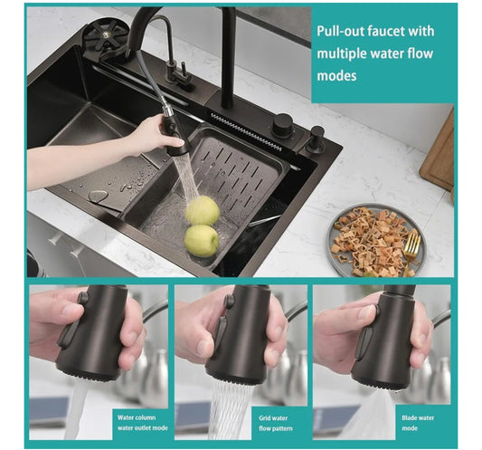 Stainless steel waterfall kitchen sink and faucet