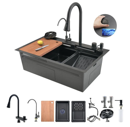 Stainless steel waterfall kitchen sink and faucet